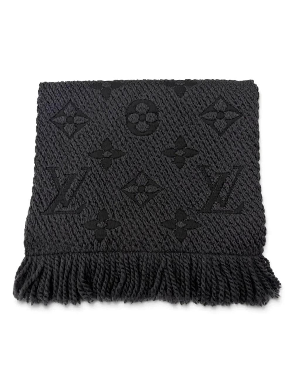 Louis Vuitton Logomania Scarf Wool Silk Anthracite Monogram with Fringe